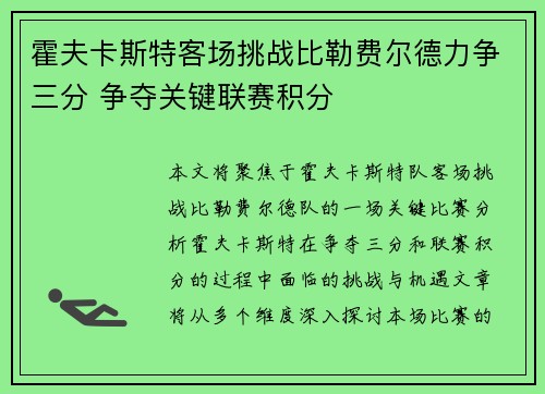 霍夫卡斯特客场挑战比勒费尔德力争三分 争夺关键联赛积分