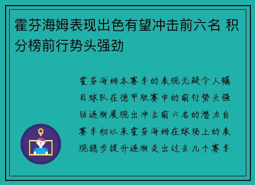 霍芬海姆表现出色有望冲击前六名 积分榜前行势头强劲