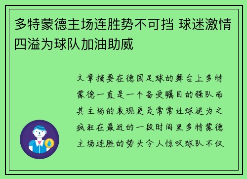 多特蒙德主场连胜势不可挡 球迷激情四溢为球队加油助威