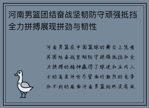 河南男篮团结奋战坚韧防守顽强抵挡全力拼搏展现拼劲与韧性