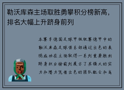 勒沃库森主场取胜勇攀积分榜新高，排名大幅上升跻身前列
