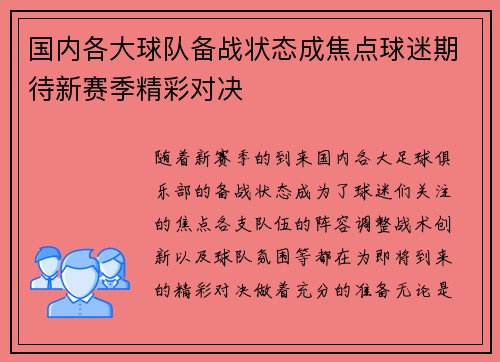 国内各大球队备战状态成焦点球迷期待新赛季精彩对决