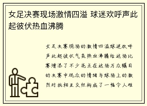 女足决赛现场激情四溢 球迷欢呼声此起彼伏热血沸腾