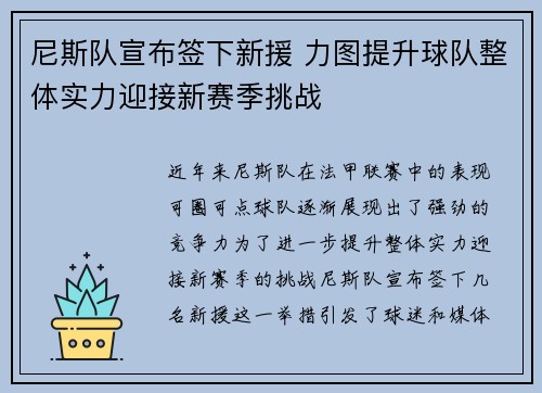 尼斯队宣布签下新援 力图提升球队整体实力迎接新赛季挑战