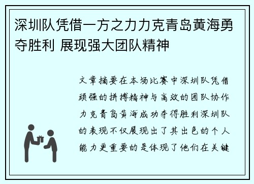 深圳队凭借一方之力力克青岛黄海勇夺胜利 展现强大团队精神