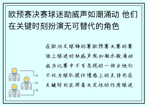 欧预赛决赛球迷助威声如潮涌动 他们在关键时刻扮演无可替代的角色